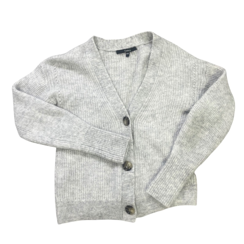Quince Womens Alpaca Wool Blend Ribbed V-Neck Cardigan Sweater Heather Gray XS